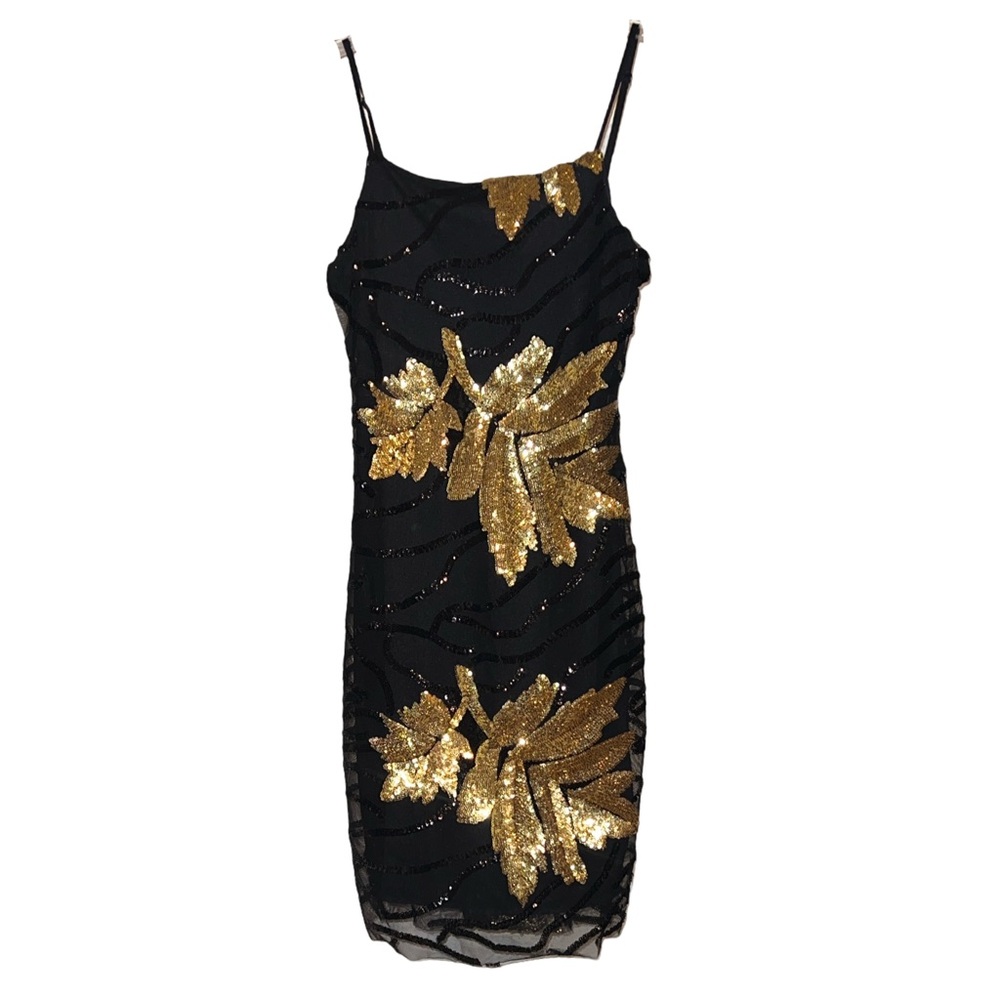 Blue Blush Black Gold Sequin Strappy Dress Leaf Design Size Small Cocktail Party
